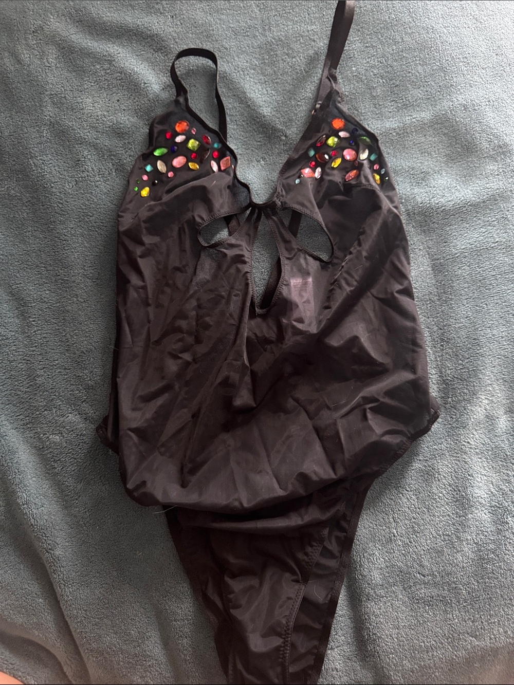 Jeweled Cut-out Black Mesh Bodysuit Lingerie